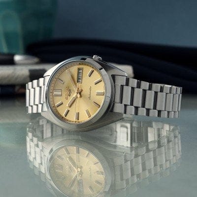Seiko 5 Sports SNXS Automatic Gold Dial Silver Steel Strap Watch for Men - SRPL59K1