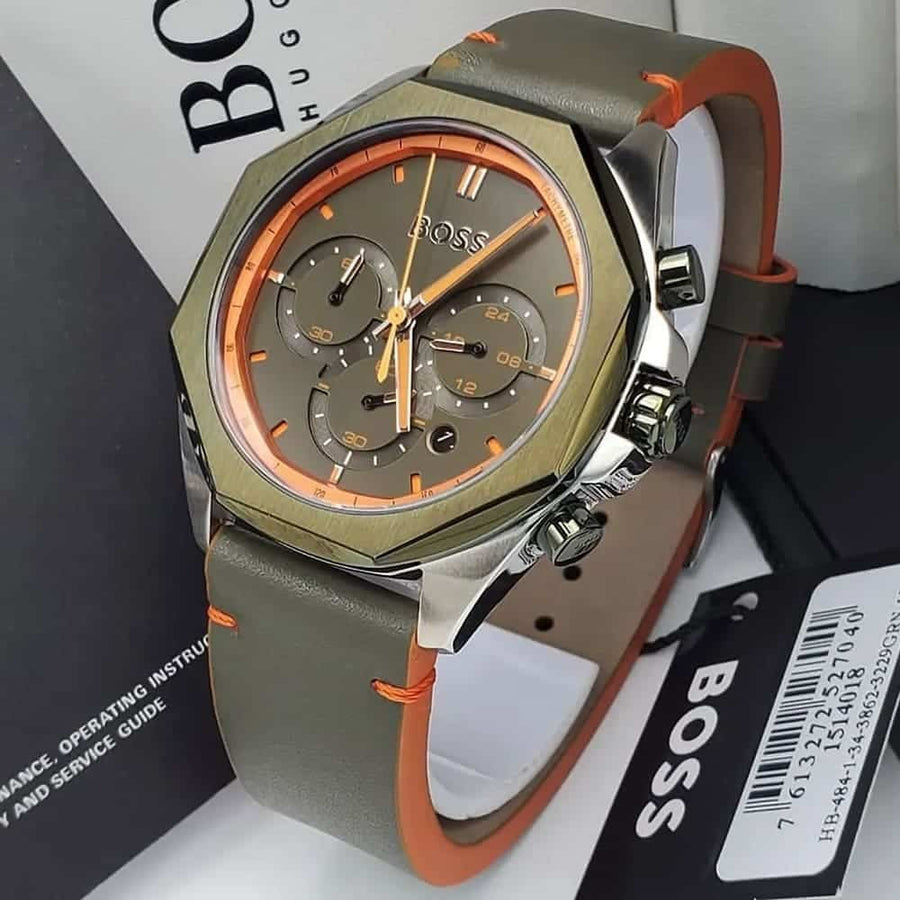Hugo Boss Cloud Chronograph Olive Green Dial Green Leather Strap Watch for Men - 1514018