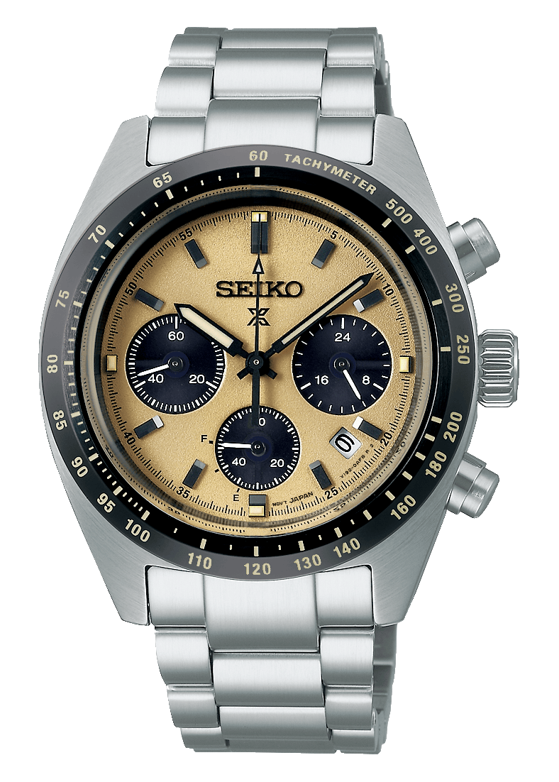 Seiko Prospex Speedtimer Solar Chronograph Gold Dial Silver Steel Strap Watch for Men - SSC817