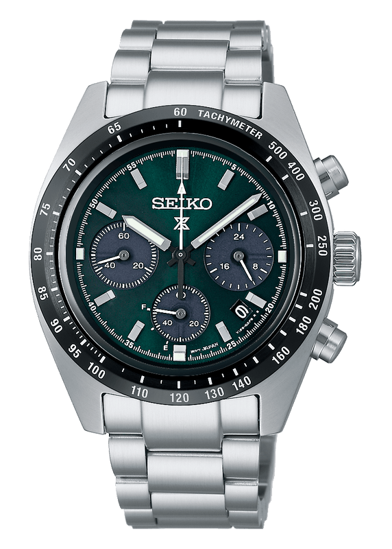 Seiko Prospex Speedtimer Solar Chronograph Green Dial Silver Steel Strap Watch for Men - SSC933