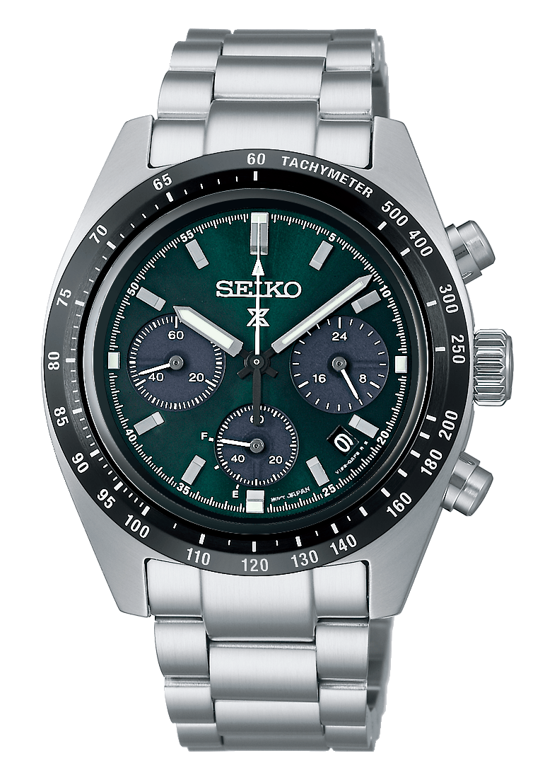 Seiko Prospex Speedtimer Solar Chronograph Green Dial Silver Steel Strap Watch for Men - SSC933