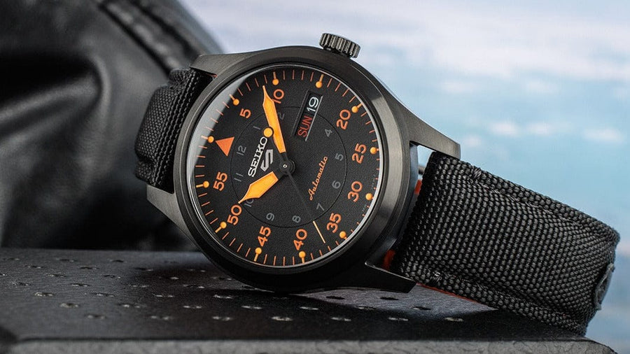 Seiko 5 Sports Flieger Pilot Automatic Black Dial Black Nylon Strap Watch for Men - SRPH33K1