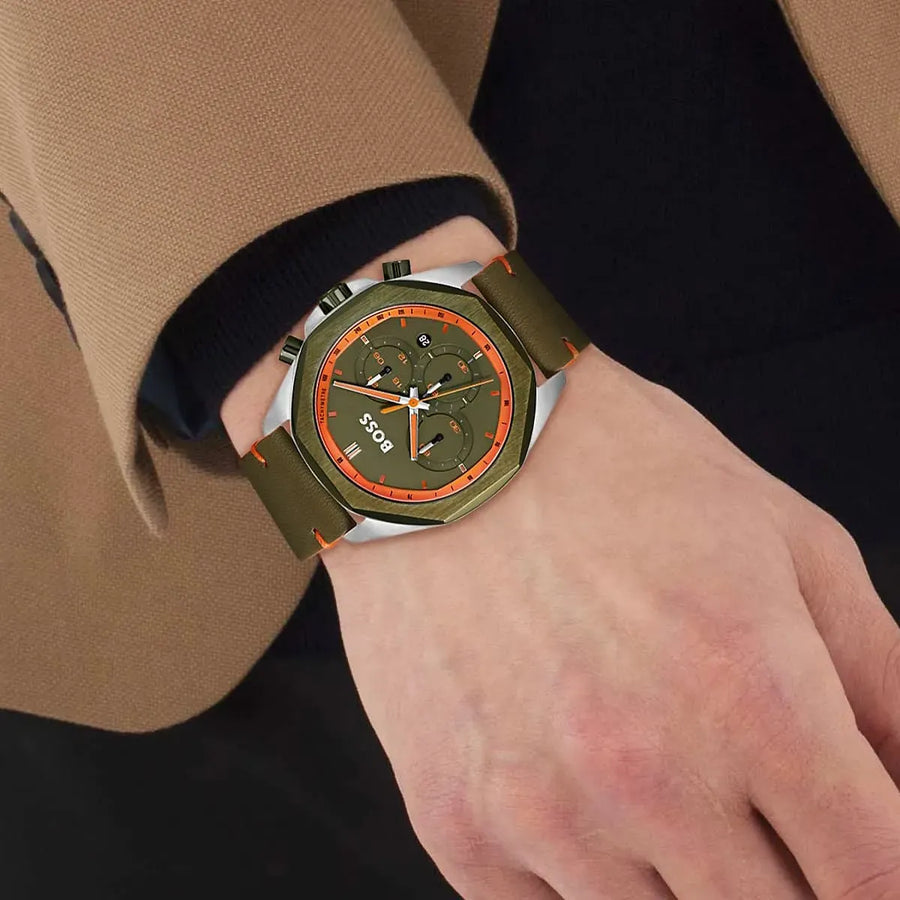 Hugo Boss Cloud Chronograph Olive Green Dial Green Leather Strap Watch for Men - 1514018