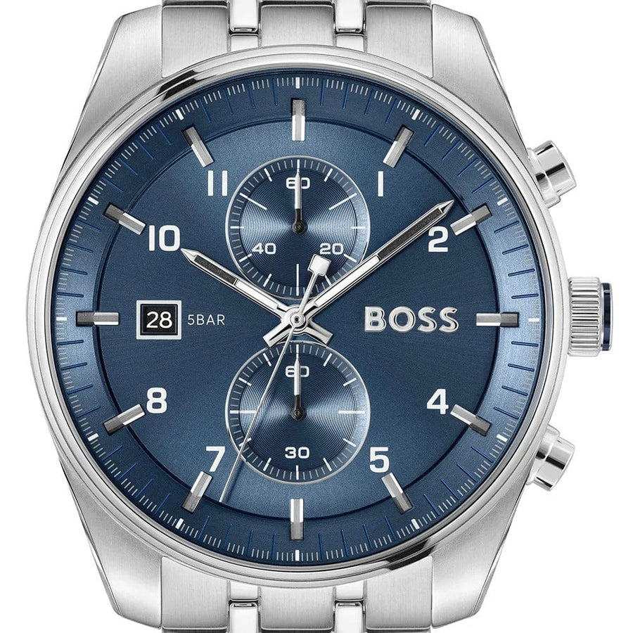 Hugo Boss Skytraveller Chronograph Blue Dial Silver Steel Strap Watch for Men - 1514216
