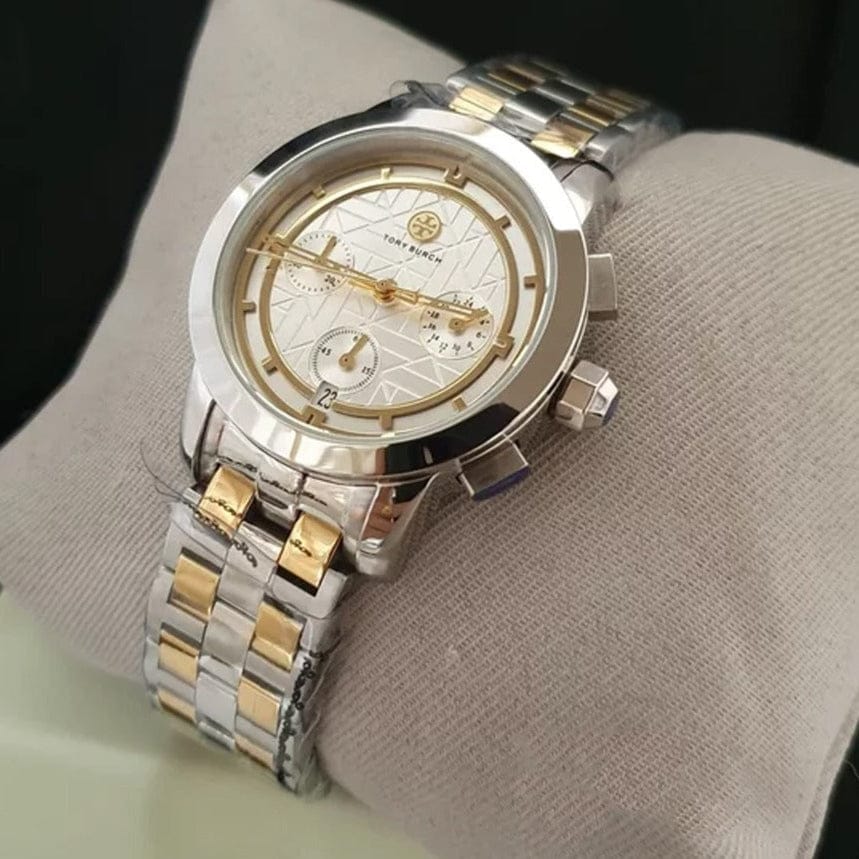 Tory Burch Classic Chronograph White Dial Two Tone Steel Strap