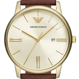 Emporio Armani Minimalist Quartz Gold Dial Brown Leather Strap Watch for Men - AR11610