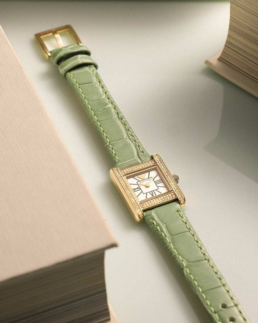 Emporio Armani Classic White Dial Green Leather Strap Watch for Women - AR11661