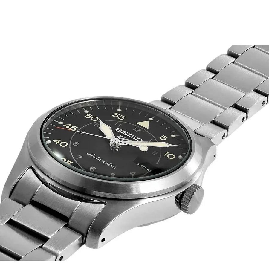Seiko 5 Sports Flieger Automatic Black Dial Silver Steel Strap Watch for Men - SRPH27K1