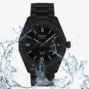 Tissot PRC 100 Solar Quartz Black Dial Black Steel Strap Watch for Men - T151.422.33.051.00