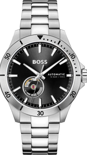 Hugo Boss Troper Chronograph Automatic Black Dial Silver Steel Strap Watch for Men - 1514202