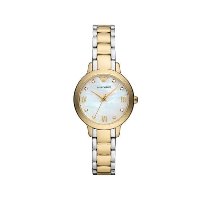 Emporio Armani Cleo Three Hand Mother of Pearl Dial Two Tone Steel Strap Watch for Women - AR11513