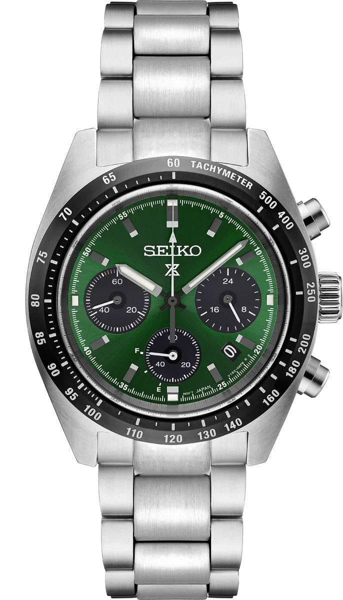 Seiko Prospex Speedtimer Solar Chronograph Green Dial Silver Steel Strap Watch for Men - SSC933