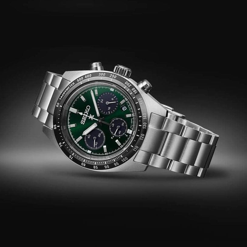 Seiko Prospex Speedtimer Solar Chronograph Green Dial Silver Steel Strap Watch for Men - SSC933