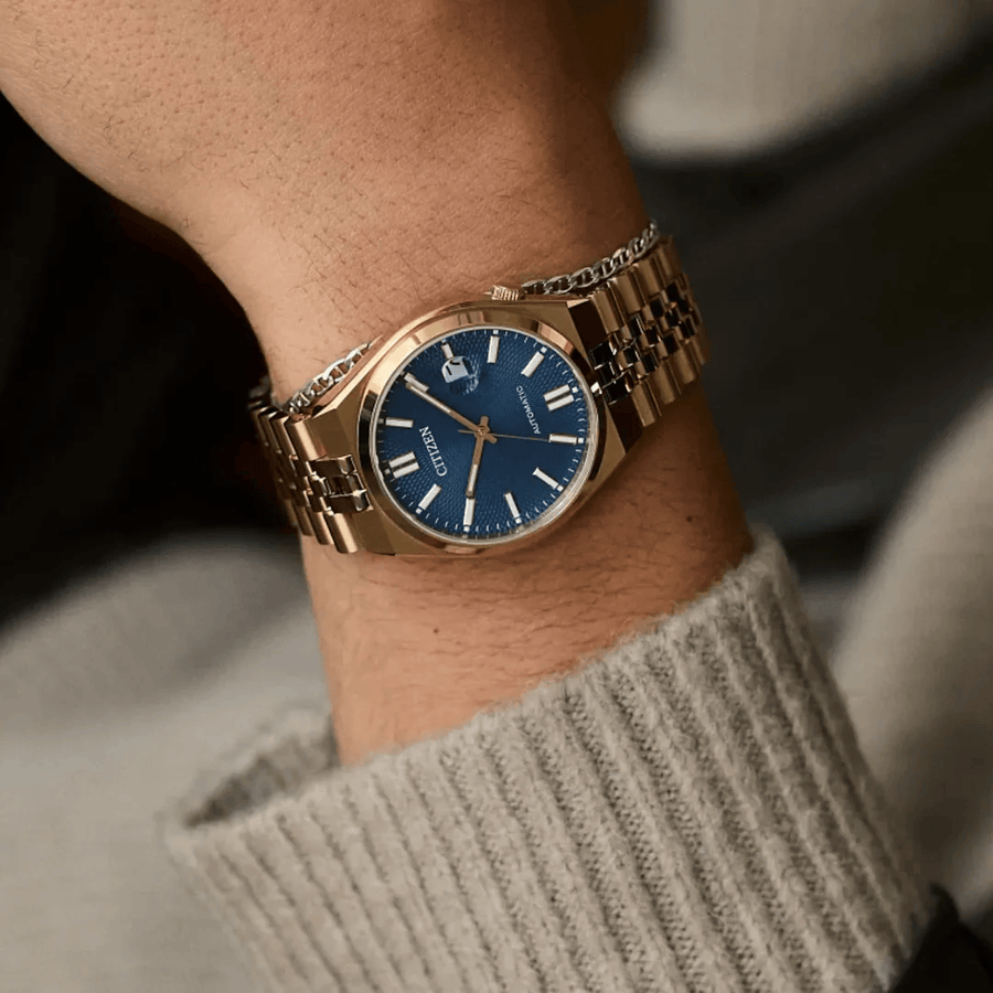 Citizen Tsuyosa 60 Automatic Blue Dial Rose Gold Steel Strap Watch for Men - NK0023-57L