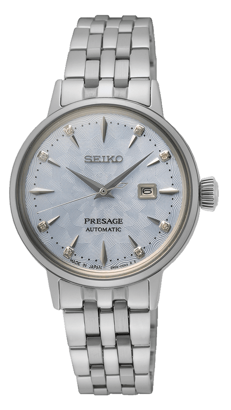Seiko Presage Cocktail Time Automatic Skydiving Diamonds Blue Dial Silver Steel Strap Watch for Women - SRE007J1