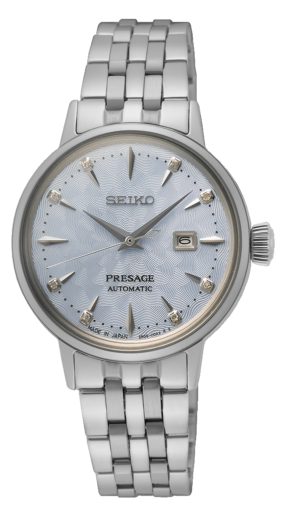 Seiko Presage Cocktail Time Automatic Skydiving Diamonds Blue Dial Silver Steel Strap Watch for Women - SRE007J1