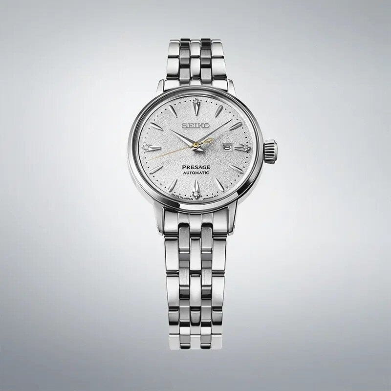 Seiko Presage Cocktail Time Automatic Diamonds White Dial Silver Steel Strap Watch for Women - SRE017J1