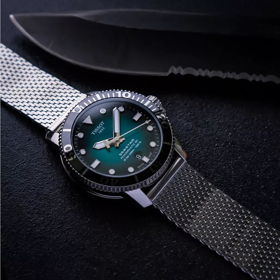 Tissot Seastar 1000 Powermatic 80 Automatic Green Dial Silver Mesh Strap Watch for Men - T120.407.11.091.00