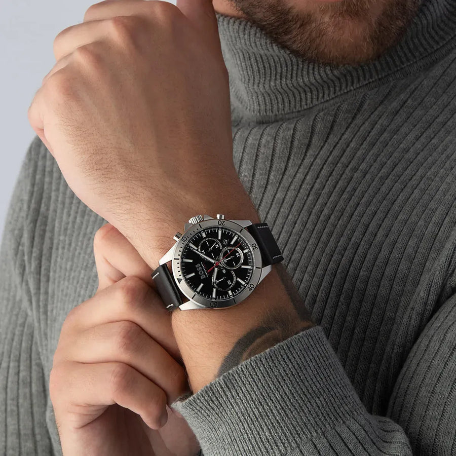 Hugo Boss Troper Chronograph Black Dial Black Leather Strap Watch for Men - 1514055