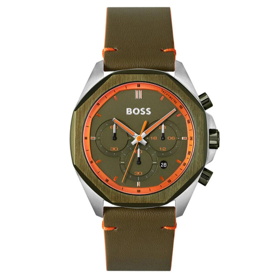 Hugo Boss Cloud Chronograph Olive Green Dial Green Leather Strap Watch for Men - 1514018