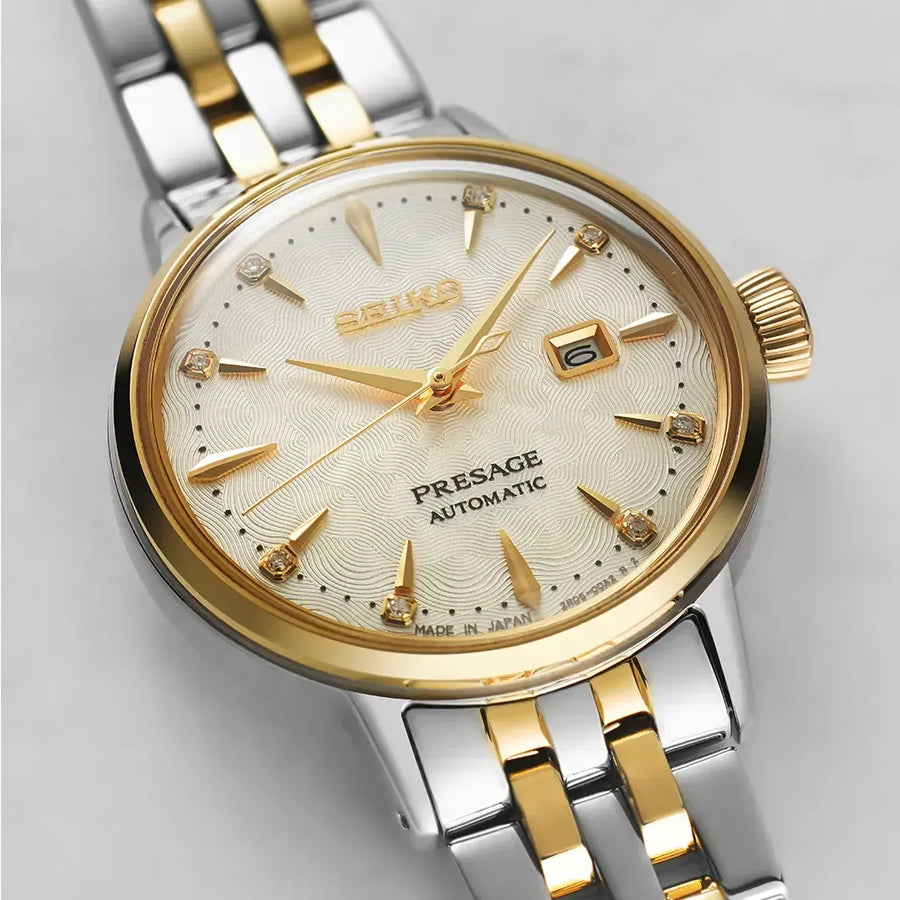 Seiko Presage Cocktail Time Automatic Diamonds White Dial Two Tone Steel Strap Watch for Women - SRE010J1
