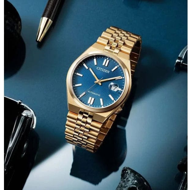 Citizen Tsuyosa 60 Automatic Blue Dial Rose Gold Steel Strap Watch for Men - NK0023-57L