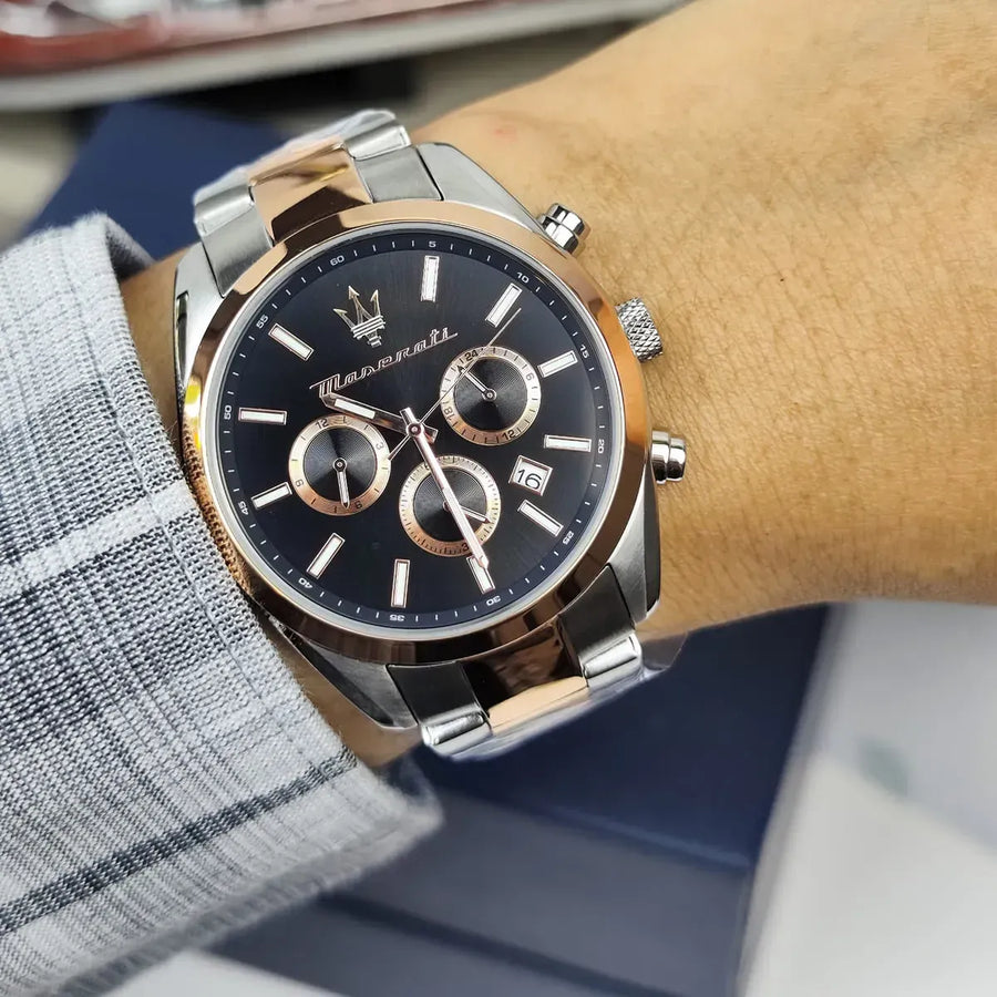 Maserati Attrazione Chronograph Black Dial Two Tone Steel Strap Watch for Men - R8853151002