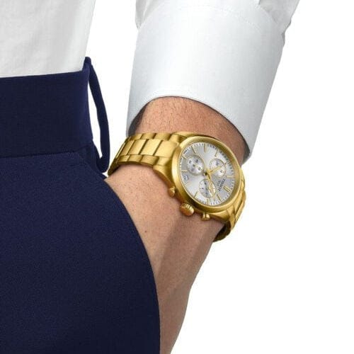 Tissot PR 100 Chronograph White Dial Gold Steel Strap Watch for Men - T150.417.33.031.00