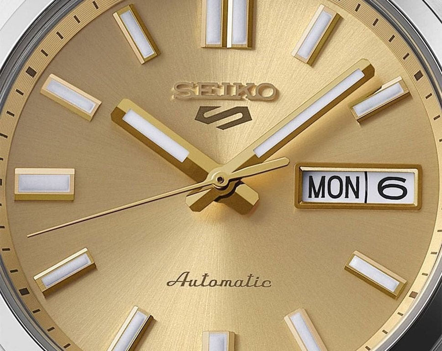Seiko 5 Sports Automatic Gold Dial Silver Steel Strap Watch for Men - SRPL59K1