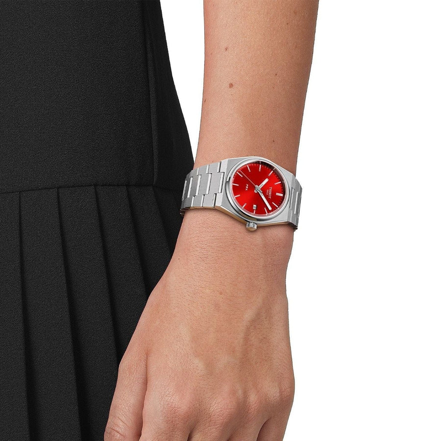 Tissot PRX Quartz Red Dial Silver Steel Strap Watch for Women - T137.210.11.421.00