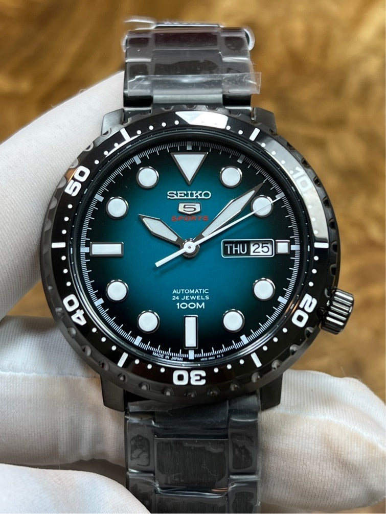 Seiko 5 Sports Automatic Turquoise Dial Grey Steel Strap Watch for Men - SRPC65J1