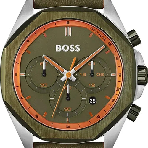 Hugo Boss Cloud Chronograph Olive Green Dial Green Leather Strap Watch for Men - 1514018