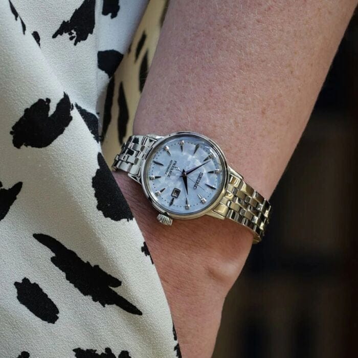 Seiko Presage Cocktail Time Automatic Skydiving Diamonds Blue Dial Silver Steel Strap Watch for Women - SRE007J1