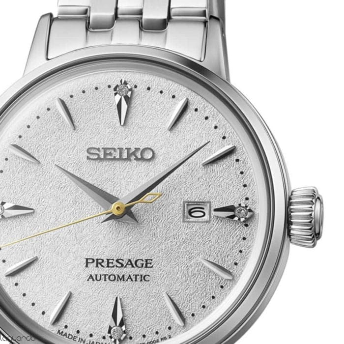 Seiko Presage Cocktail Time Automatic Diamonds White Dial Silver Steel Strap Watch for Women - SRE017J1