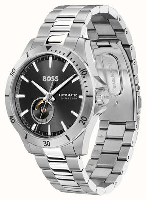 Hugo Boss Troper Chronograph Automatic Black Dial Silver Steel Strap Watch for Men - 1514202