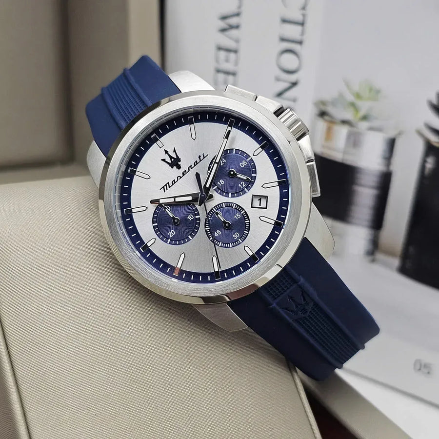 Maserati Successo Chronograph Silver Dial Blue Silicone Strap Watch for Men - R8871621042