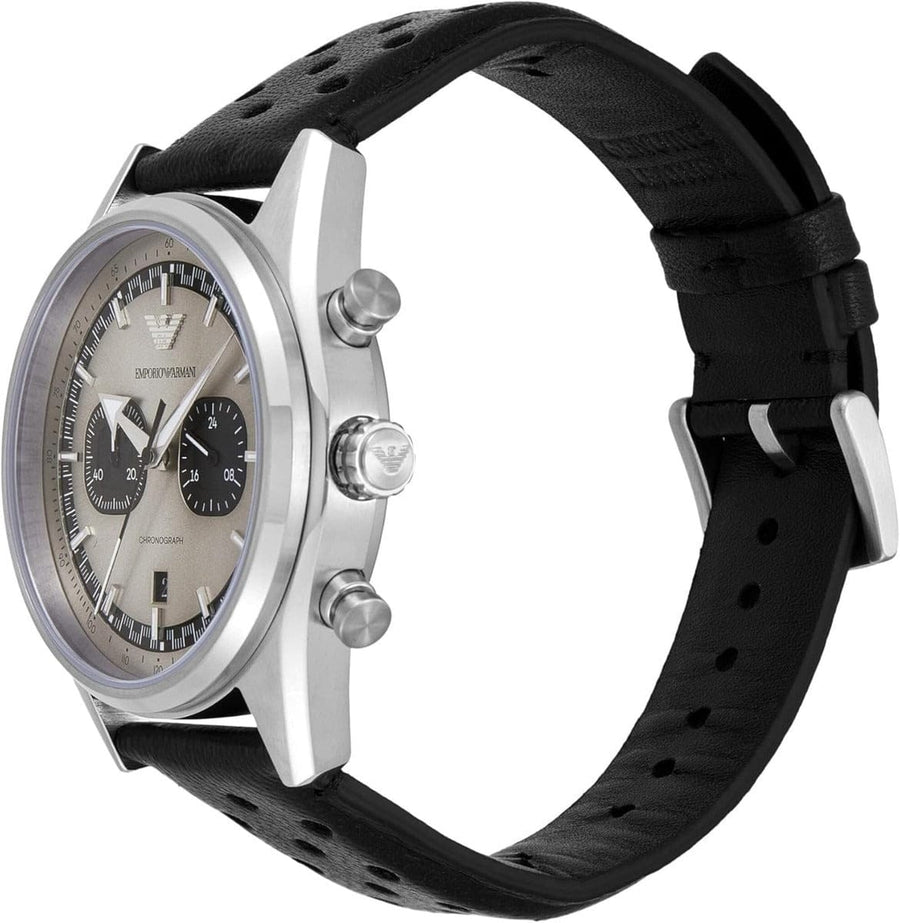 Emporio Armani Racer Chronograph Silver Dial Black Leather Strap Watch for Men - AR11677