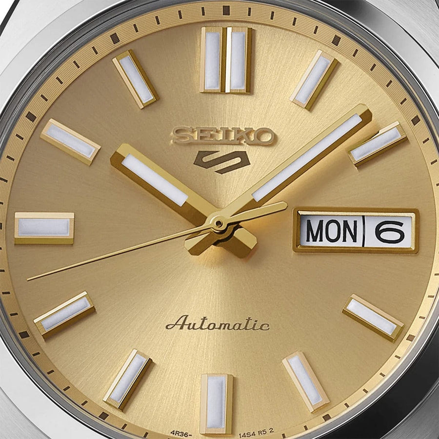 Seiko 5 Sports SNXS Automatic Gold Dial Silver Steel Strap Watch for Men - SRPL59K1