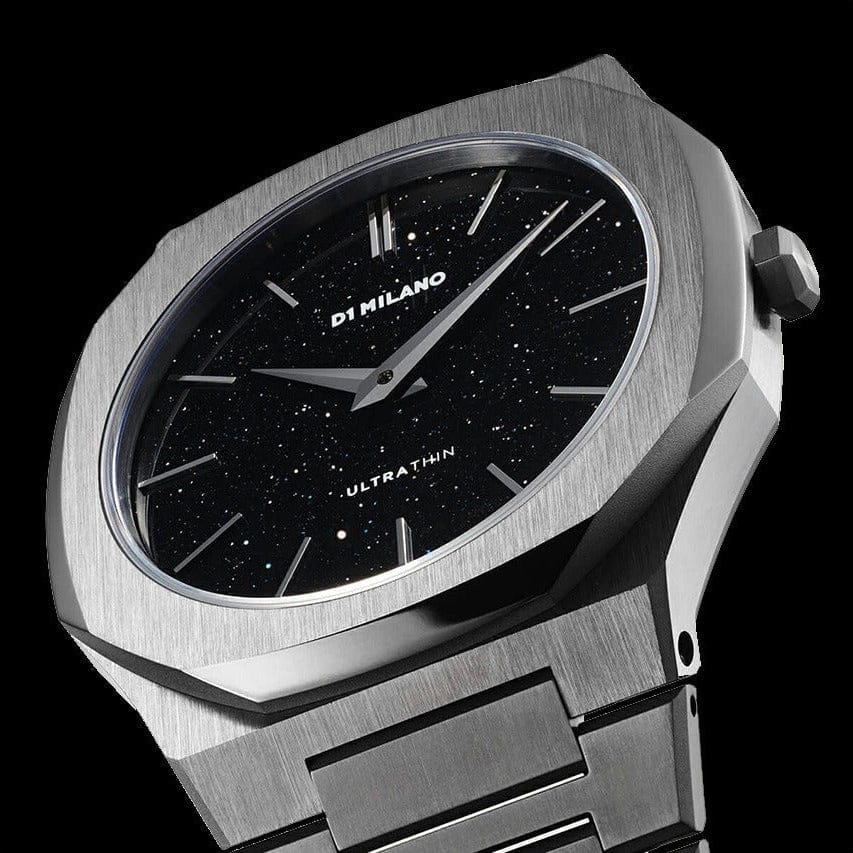D1 Milano Ultra Thin Aventurine Black Dial Silver Steel Strap Watch for Men - D1-UTBJ29