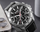 Hugo Boss Troper Chronograph Black Dial Black Leather Strap Watch for Men - 1514055