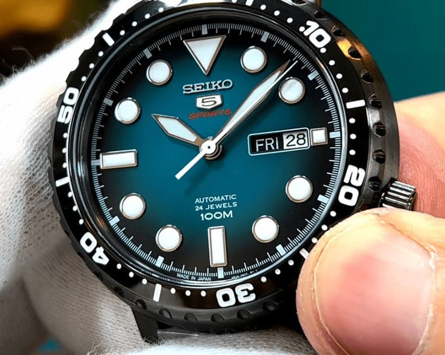 Seiko 5 Sports Automatic Turquoise Dial Grey Steel Strap Watch for Men - SRPC65J1