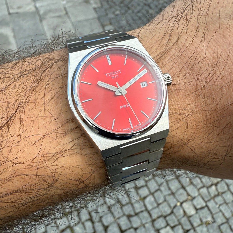 Tissot PRX Quartz Red Dial Silver Steel Strap Watch for Women - T137.210.11.421.00