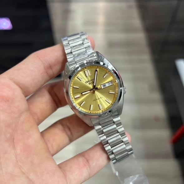 Seiko 5 Sports SNXS Automatic Gold Dial Silver Steel Strap Watch for Men - SRPL59K1