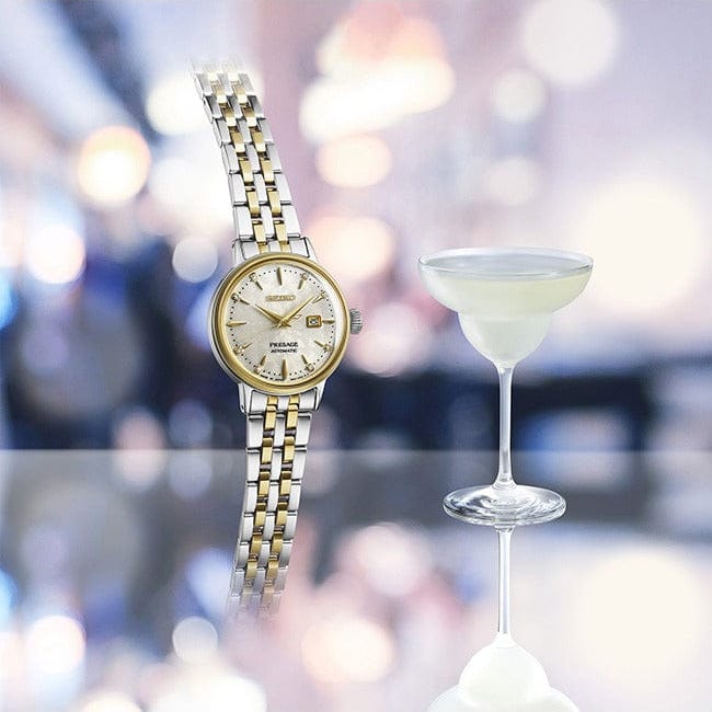 Seiko Presage Cocktail Time Automatic Diamonds White Dial Two Tone Steel Strap Watch for Women - SRE010J1