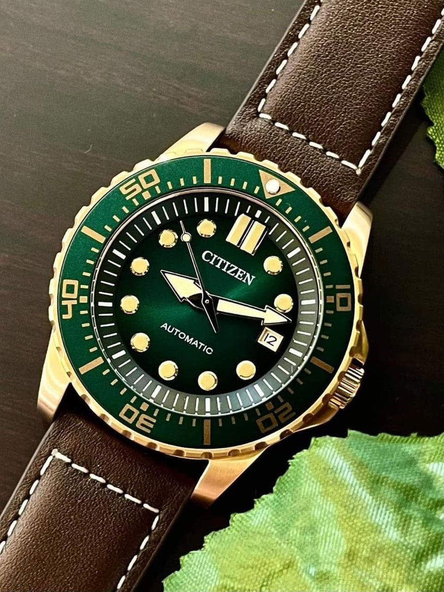Citizen Mechanical Automatic Green Dial Brown Leather Strap Watch for Men - NJ0173-18X