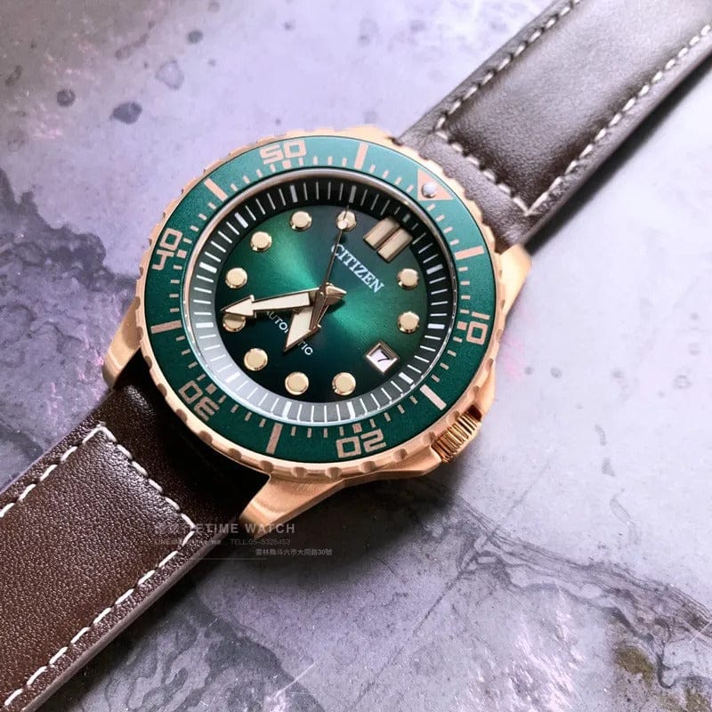 Citizen Mechanical Automatic Green Dial Brown Leather Strap Watch for Men - NJ0173-18X