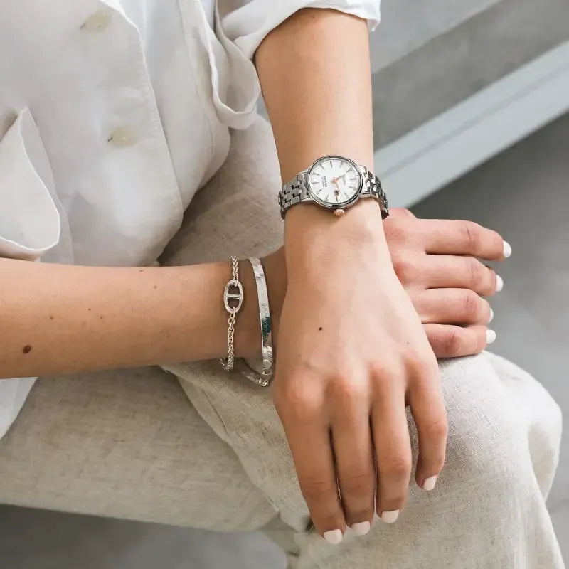 Seiko Presage Cocktail Time Skydiving Automatic Diamonds Mother of Pearl Dial Silver Steel Strap Watch for Women - SRE009J1