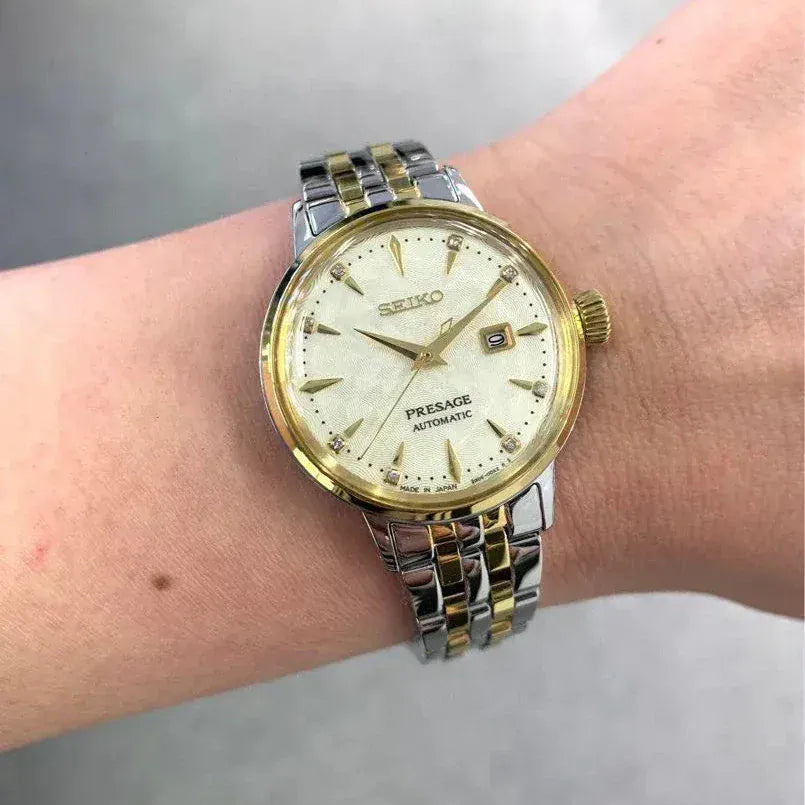 Seiko Presage Cocktail Time Automatic Diamonds White Dial Two Tone Steel Strap Watch for Women - SRE010J1