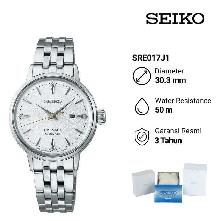 Seiko Presage Cocktail Time Automatic Diamonds White Dial Silver Steel Strap Watch for Women - SRE017J1
