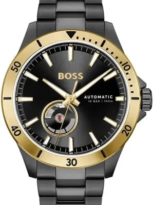 Hugo Boss Troper Chronograph Automatic Black Dial Black Steel Strap Watch for Men - 1514203